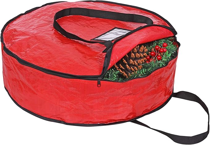 ProPik Christmas Wreath Storage Bag 24" - Garland Holiday Container with Tear Resistant Material - Featuring Heavy Duty Handles and Transparent Card Slot - 24” X 8” (Red)