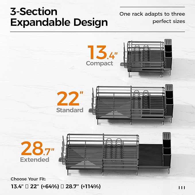 Delamu Stainless Steel Dish Drying Rack, Expandable Dish Drainer, Anti-Rust Large Dish Racks for Kitchen Counter, Dish Strainers with Drainboard, Utensil Holder & Cup Holder, Black