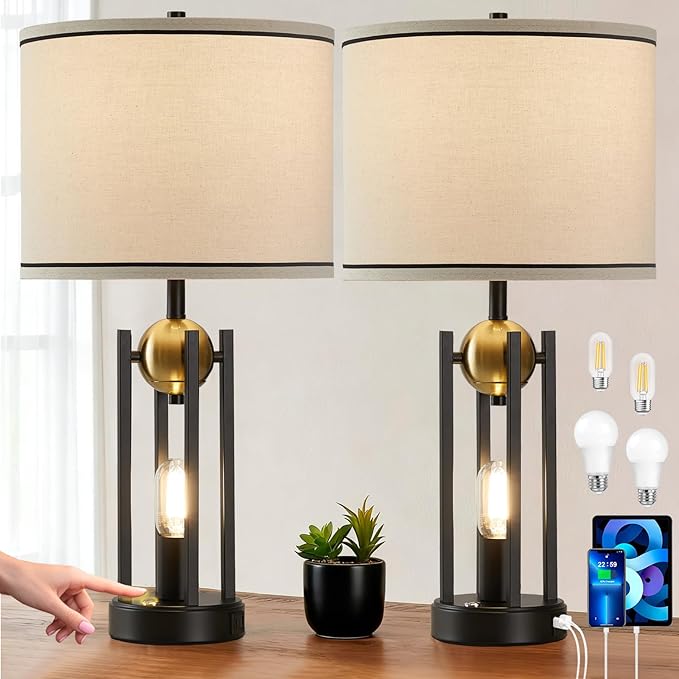 25'' Farmhouse Table Lamps for Living Room Set of 2 with USB C+A Ports, Vintage Bedside Lamp for Bedroom, Touch Lamps for Nightstand, Dual Lights Independent Switch, 4 Bulbs Included, Gold