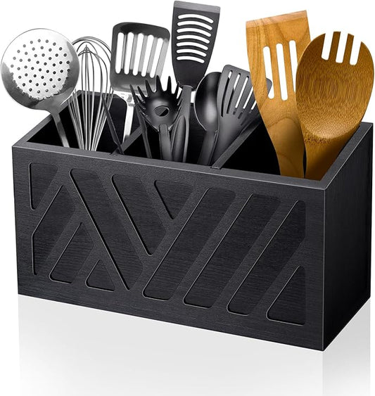 MINCORD Utensil Holder Caddy with 3 Compartments, Wooden Flatware Cutlery Storage Organizer Box Countertop for Silverware Fork Spoon Spatula