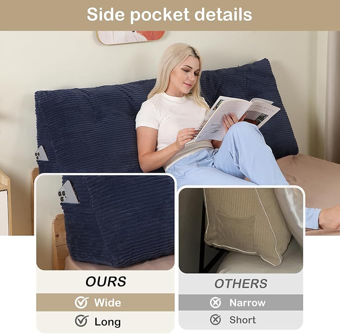 Headboard Pillow Twin, Wedge Headboard Pillow for Bed Sofa, Triangular Backrest Pillow with Removable Cover for Reading, Working, Sitting, Dark Blue