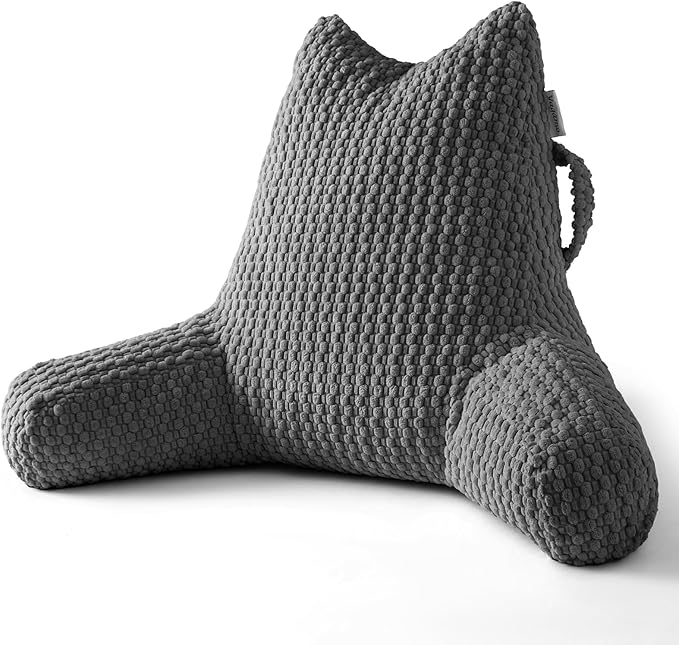 Reading Pillow for Bed Sitting Up, Backrest Pillow with Shredded Memory Foam Filling, Back Support Cushion, Bed Rest Pillow with Arms, Pockets and Washable Cover-Grey