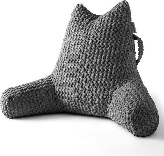 Reading Pillow for Bed Sitting Up, Backrest Pillow with Shredded Memory Foam Filling, Back Support Cushion, Bed Rest Pillow with Arms, Pockets and Washable Cover-Grey