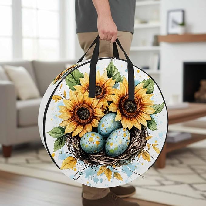 Easter Eggs Nest Round Storage Bag 24 Inch, Watercolor Green Egg Spring Sunflowers Floral Leaf Clothes Storage Container with Handles Heavy Duty Organizer for Comforter, Bedding & Holiday Wreaths