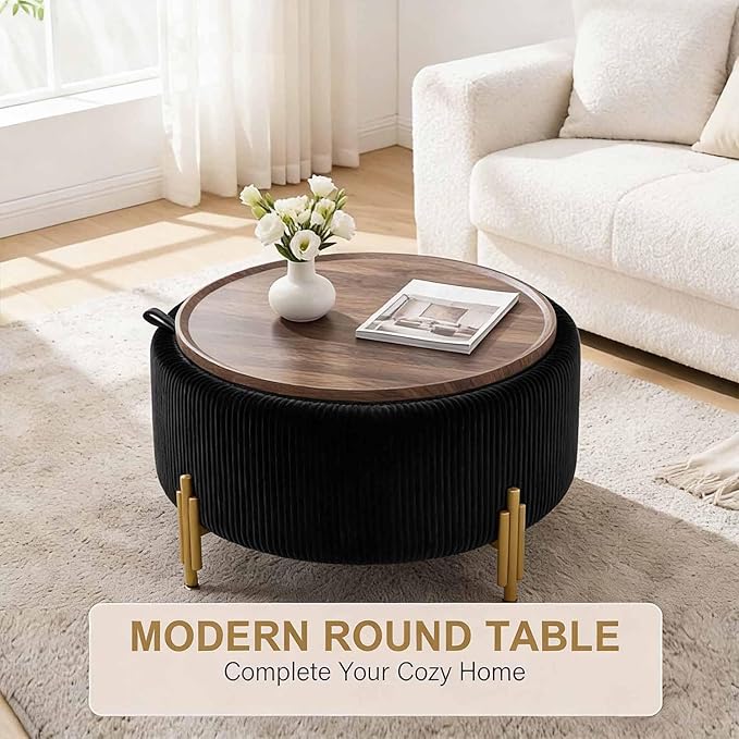 30'' Round Storage Ottoman Coffee Table, Modern Velvet Upholstered Ottoman with Lid and Metal Legs for Living Room, Bedroom (Black)