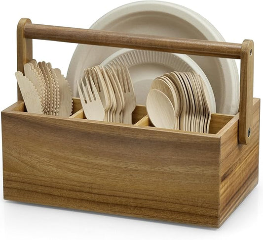 Acacia Paper Plate Dispenser, Paper Plate Holders with Handle, Picnic Silverware Caddy for Party, Cutlery Holder for Countertop, Wood Utensil Organizer for Home Kitchen & RV