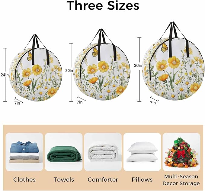 Spring Flower Round Storage Bag 30 Inch, White Yellow Floral Daisy Butterfly Flower Field Clothes Storage Container with Handles Heavy Duty Organizer for Comforter, Bedding & Holiday Wreaths