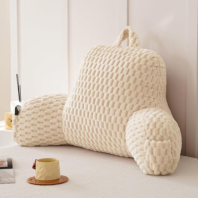 Yaoshuho Fluffy Reading Pillow for Sitting in Bed, Large Backrest Bed Pillow with Arms, Back Support Pillow for Lounging Bedrest, Beige