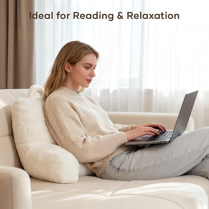 NOONTIDE Reading Pillow for Sitting up in Bed and Couch,Large Back Pillow for Adult & Teens with Soft Adjustable Neck Roll Backrest Pillow,Washable Cover,Watching TV/Gaming/Relaxing(FurryWhite)