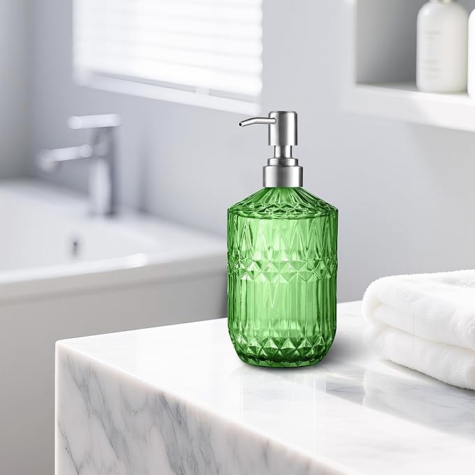 Kaishun 13 Oz Refillable Soap Dispenser, Glass Soap Dispenser for Dispense Hand Soap, Dish Soap, Lotion 2pack (Green)