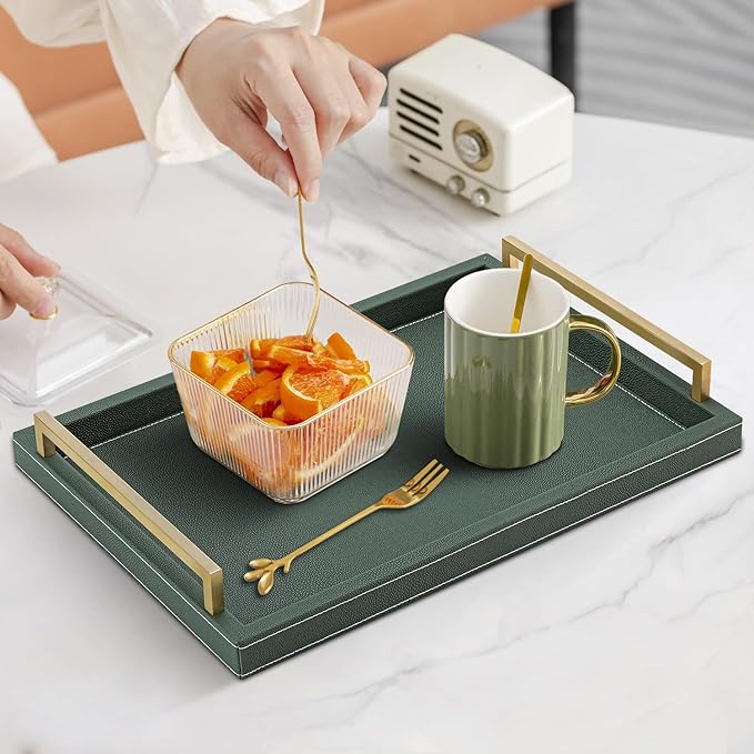 XIGEXIGE Green Decorative Serving Tray,Rectangular Tray for Coffee Table,Faux Leather Serving Tray with Handles for Ottoman,Shagreen Leather Tray for Bathroom