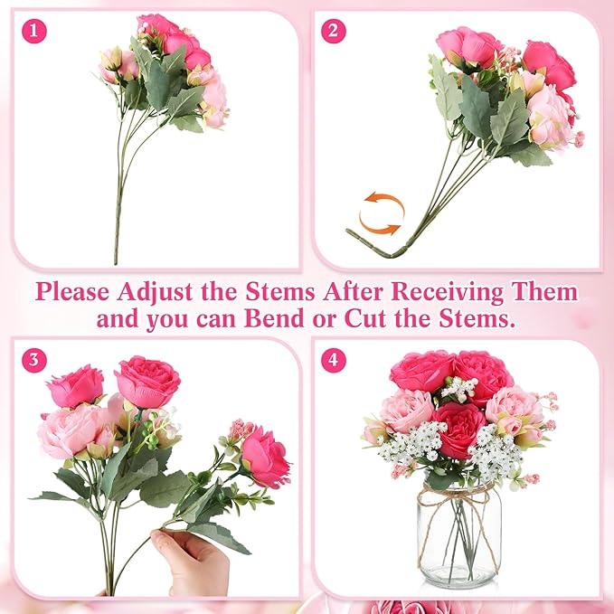Zeyune 12 Sets Mason Jar Centerpiece Table Decorations, Artificial Peony Baby's Breath Flower Bouquets, Faux Flowers with Vase, Rustic Decor Gifts for Home, Wedding, Holiday (Pink Mix)