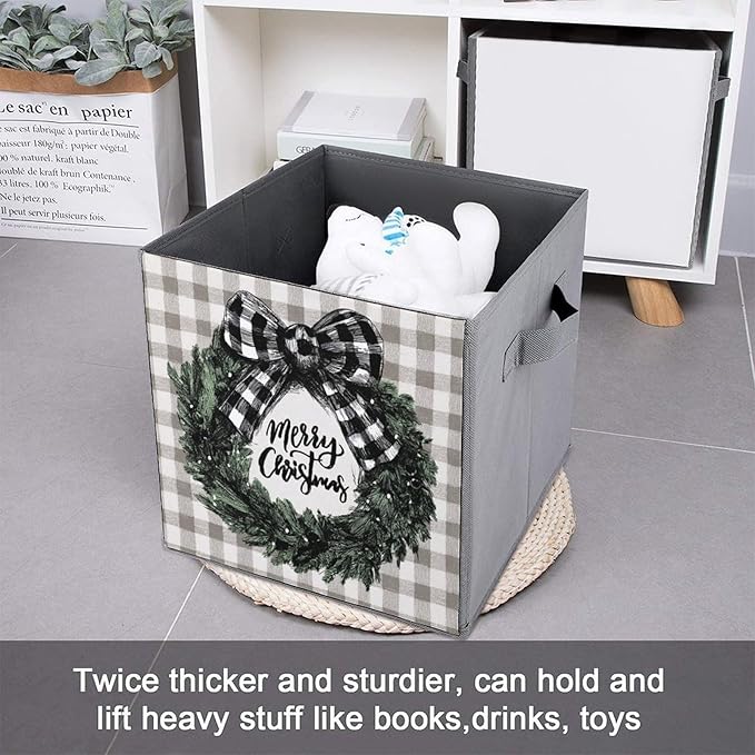 Christmas Wreath Black White Checkered Bow Cube Storage Bins Storage Cubes Foldable Decorative Fabric Storage Baskets Home Organizers with Handles for Shelves,Closet, 10.6 X 10.6 Inch