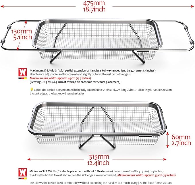 WAGENSTEIGER Extendable Dish Rack with Feet, Vegetable Colander Basket, Stainless Steel Dish or Silverware Drying Rack, Ultimate Kitchen Organizer Over the Sink (12.40 x 5.12 x 2.36 Inches)