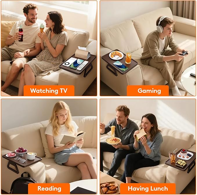 Lifewit Plastic Rotating Couch Armrest Table, Adjustable Sofa Arm Clip Holder Tray for Snack/Fast Food/Fruit/Drink, Large Foldable Stable Sofa Table with Reinforced Clamp, Brown
