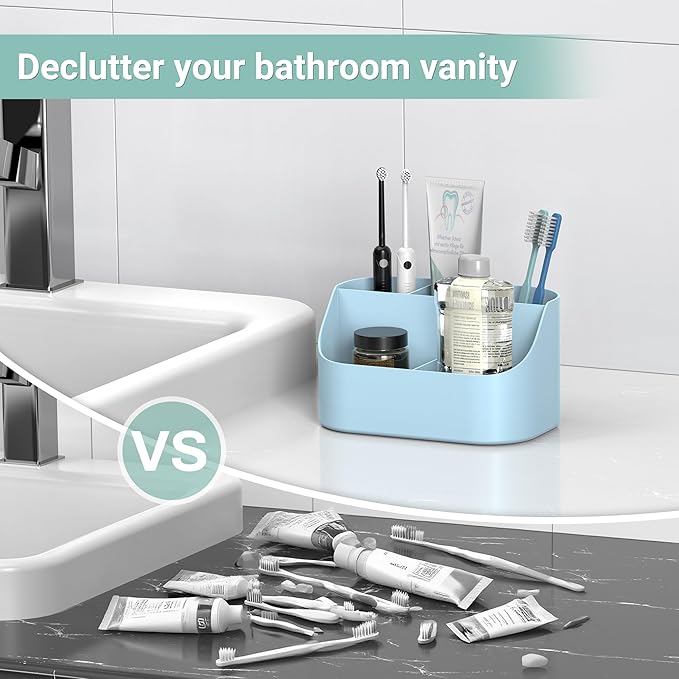 Countertop Toothbrush Holders for Bathrooms, Plastic Toothpaste and Electric Tooth Brush Holder Storage Caddy Stand for Shower, 5 Slots Cute Kids Bathroom Counter Organizer for Vanity, Light Blue
