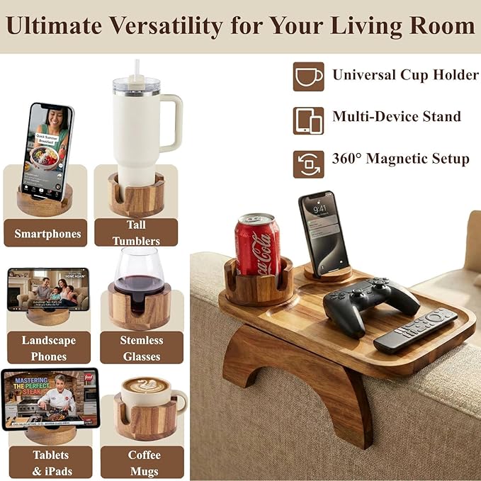 Couch Armrest Table, Acacia Wood Sofa Arm Tray with 360° Rotating Phone & Cup Holder, Clip-On Arm Rest Table for Couch, Anti-Slip Armrest Tray for Snacks & Drinks, 15.4" x 9.8"