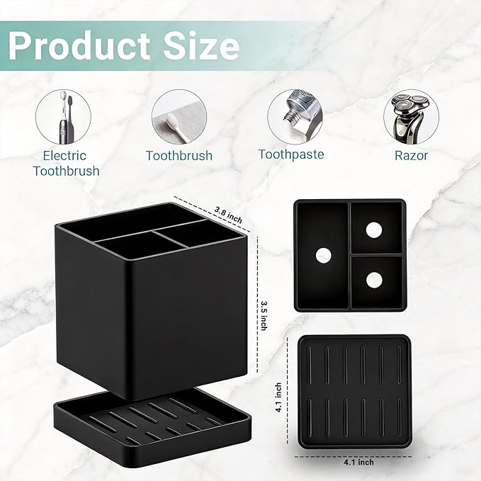 Toothbrush Holders for Bathrooms, 3 Slots Kids Countertop Silicone Electric Tooth Brush and Toothpaste Holder Organizer Stand with Drainage Tray, Bathroom Accessories Decor, Black