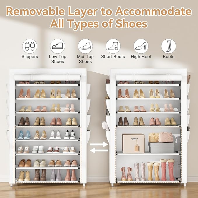 VILICK Shoe Rack with Cover, 8 Tier Tall Shoe Organizer Storage for 36-45 Pair Shoes and Boots Large Shoe Storage Shelf Free Standing Shoe Rack for Closet, Front Door Entrance, Dorm, Garage, White