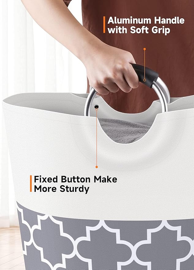 Fabspace Large Laundry Basket Laundry Hamper Bag Washing Bin Clothes Bag Collapsible Tall with Handles Waterproof Travel Bathroom College Essentials Storage for College Dorm, Family (Grey) 82L