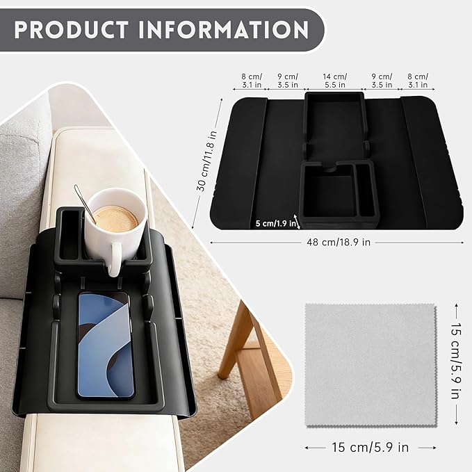 2Pcs Black Couch Cup Holder Tray, Couch Arm Cup Holder, Large Anti-Slip Couch Cups Holder with Side Pocket, Silicone Sofa Armrest Organizer for Snacks/Remote/Phone/Fruit, Gift for Women