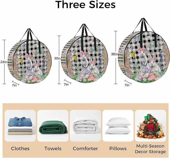 36 Inch Round Storage Bag 2 Pack,Farm Easter Blossom Flowers Bunny Waterproof Wreath Storage Container with Handles&Zipper Black White Buffalo Tartan Closet Organizer Bags Garland Box
