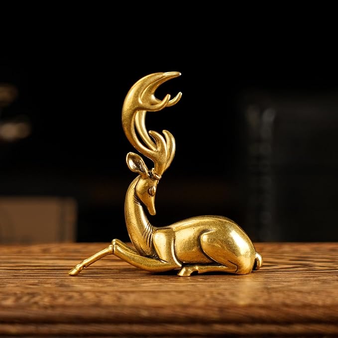CHOVY Retro Handcrafted Nostalgic Deer Statue - 100% Solid Brass Body & Genuine White Copper Horns | Elegant Tabletop Decor, Vintage Desk Ornament, Unique Gift for Nature Lovers