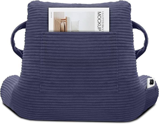 Reading Pillow for Sitting in Bed Adult, Bed Reading Pillow with Shredded Memory Foam, Back Pillow for Sitting with Arms and Pockets, Deepblue