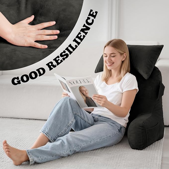 Unisakey Portable Reading Pillows with Headrest for Bed Sitting Up(Grey Oeko-Tex), Velvet Back Pillow with Arms & Pockets for Adults, Support Memory Foam Bed Pillow for Dorm/Reading/Watching/Gaming