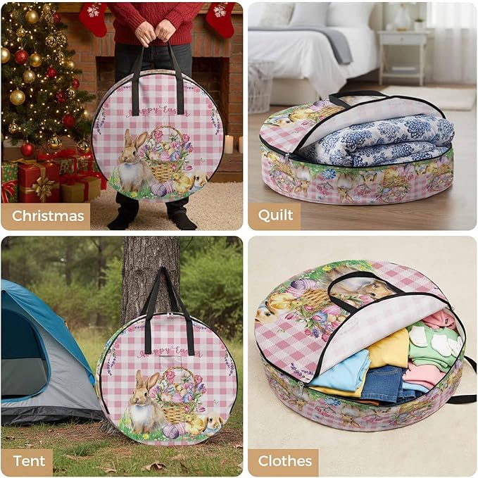 36 Inch Round Storage Bag 1 Pack,Easter Bunny Eggs Basket and Chick Waterproof Wreath Storage Container with Handles&Zipper Spring Flower with Pink Lattice Closet Organizer Bags Garland Box