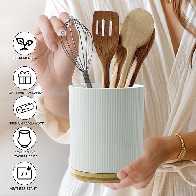 360° Rotating Utensil Holder for Kitchen Counter, 7.6'' Extra Large Utensil Caddy for Countertop, Modern Utensil Organizer for Spatula, with Rotatable Bamboo Base, White