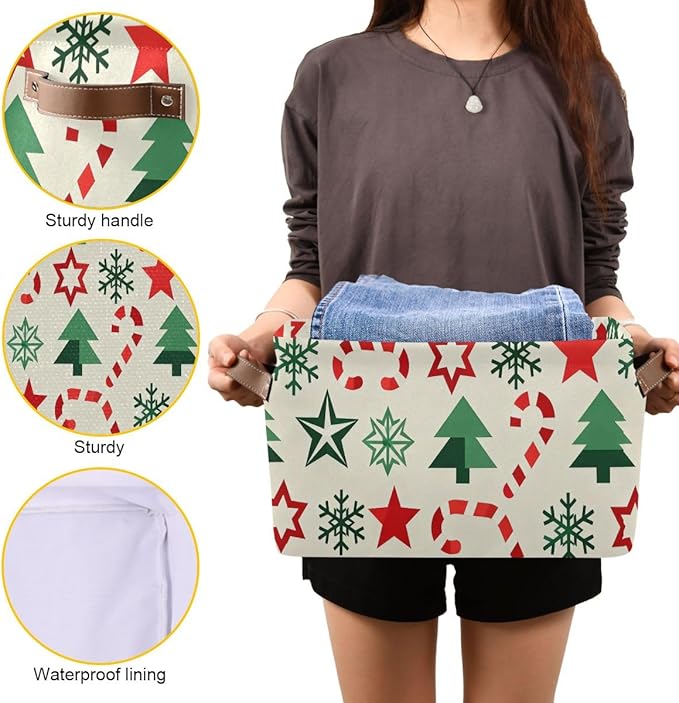 Christmas Storage Baskets, Canvas Fabric Bins with Holiday Pattern, Collapsible Organizer with Handles, 14.2x10.2x8.3 Inches