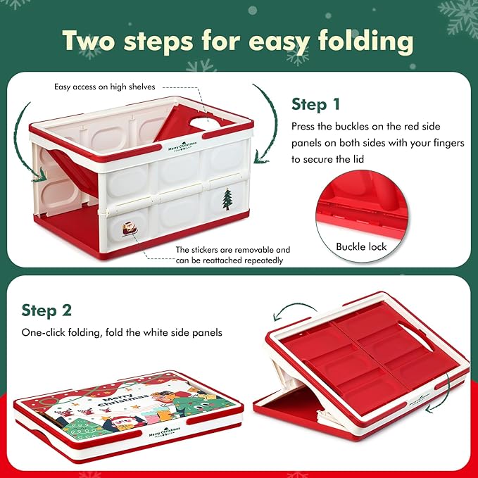Storage Box 50L 2 Pack, Foldable Storage Box with Wood Lid & Handles, Includes Christmas Stickers for DIY, Multifunctional Wood Top for Holiday Decor, Gift & Christmas Home Organization