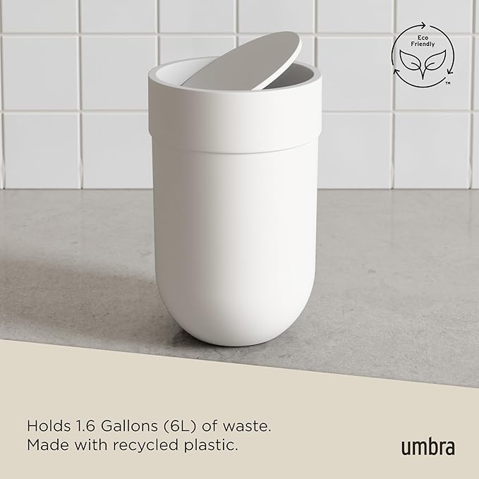Umbra Touch Trash Can, Small 1.6-Gallon Garbage Bin with Swing Lid, Waste Basket for Bathroom or Office, White