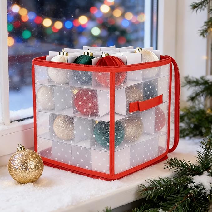 Holiday Decoration Organizer - Foldable 64-Grid Storage Bag, Zippered Divider Box, Ornament Storages Solution | Christmas Ball Organizer for Home Bedroom Basement Apartment Garage Attic Cabinet