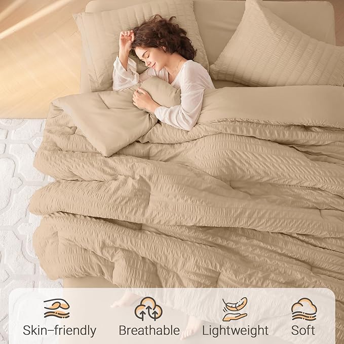 MUXHOMO 5 Pieces Twin Comforter Set, Seersucker Bed in a Bag Twin Size, All Season Luxury Bedding Set with Comforter, Flat Sheet, Fitted Sheet, Pillowcase & Sham, Khaki