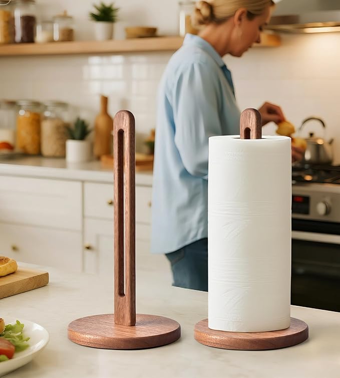Acacia Wooden Paper Towel Holder Stand for Jumbo Roll - Stylish Kitchen Paper Rack Bathroom Towel Roll Stand Organizer, UA, Solid Wood Simply Standing Countertop Paper Roll Holder, Standard