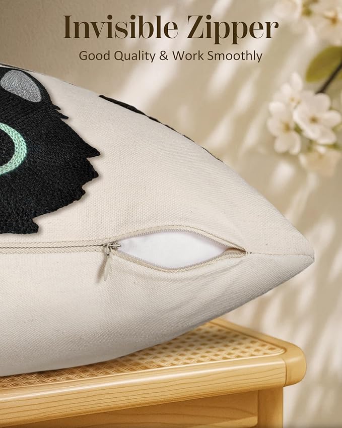 Embroidered Lumbar Pillow Cover 20x12 Inch - Spring Summer Boho Decorative Pillow Cover with Zipper for Living Room Couch Sofa Bed Aesthetic Design Cat Bone Cushion Pillowcase