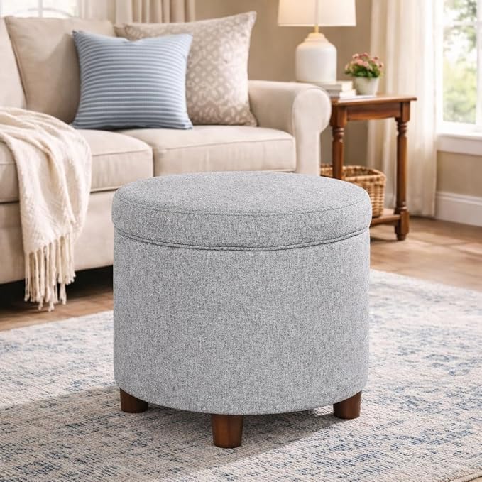 Homepop Home Decor | Upholstered Round Storage Ottoman | Ottoman with Storage for Living Room & Bedroom, Light Gray Tweed Large