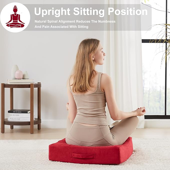 JKMAX 2 Pcs High Density Foam Floor Pillow - Upgraded Large Pillows Seating for Adults - Outdoor Floor Cushion with Soft Tufted Cover - Yoga Pillows for Sitting On Floor - 22 Inch Burgundy