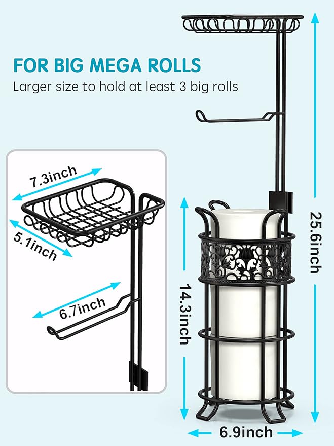 Toilet Paper Holder Stand with Shelf, Free Standing Toilet Paper Roll Dispenser Holds 3 Big Rolls of Jumbo Mega Paper, for RV Bathroom, Floral Pattern, Black