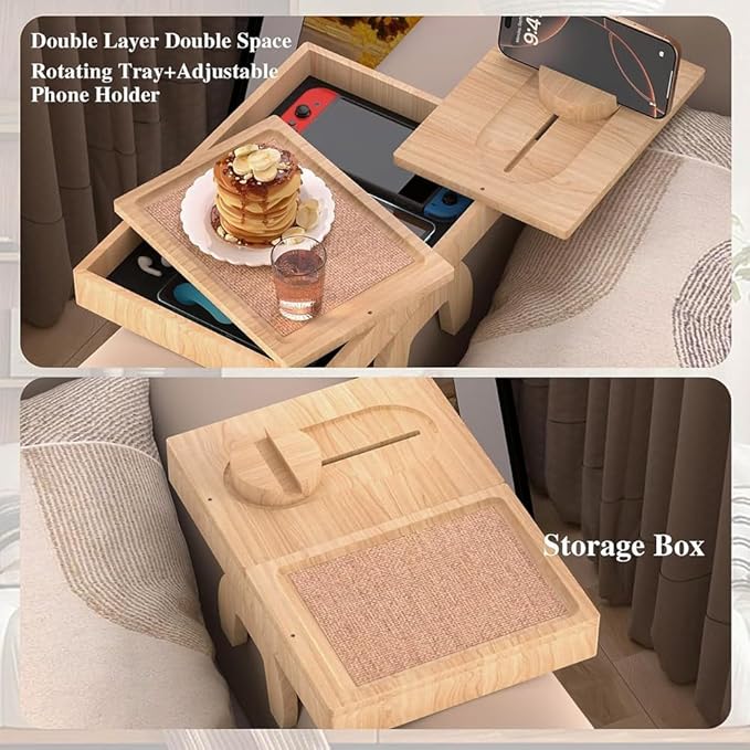 Wooden Couch Cup Holder Tray with 2 Rotatable Tray, Couch Arm Tray with 360° Rotating Phone Holder & Anti Slip Tray, Armrest Tray Table for Couch, for Snacks, Drinks, Remotes