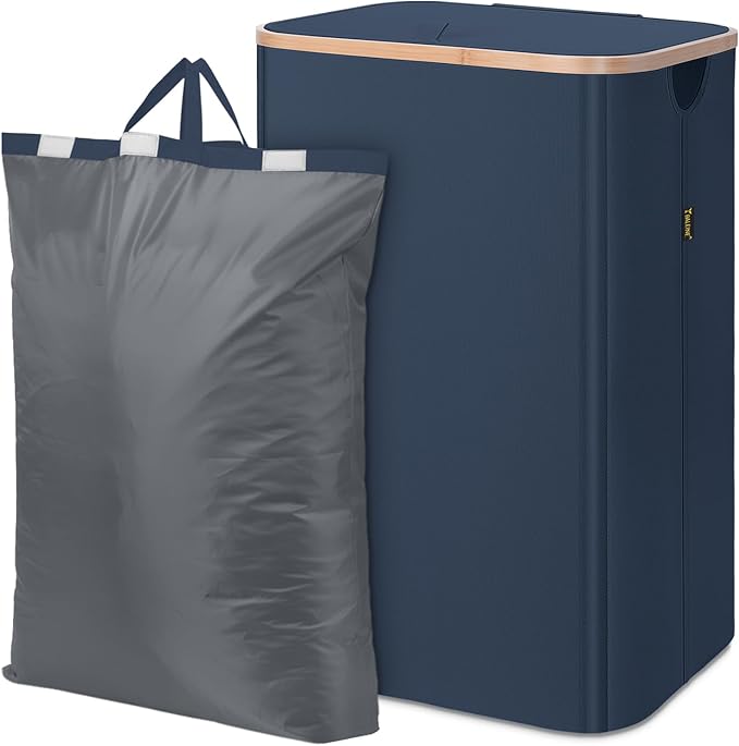 BALEINE Laundry Hamper with Lid, Tall Laundry Baskets with Bamboo Pull Handles, Large Laundry Bin with Internal Support (18 Gal/70L, Blue)