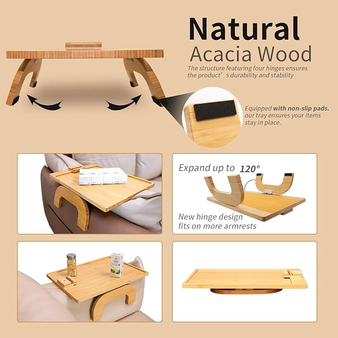 ArtBeek Couch Arm Tray for Large Size Sofa Arm, 12.8 inch Width Bamboo for Sofa Arm Over 11" on Side Table, Foldable Couch Armrest Table with 360° Phone Holder for Eating/Drinks/Snacks/Remote/Control
