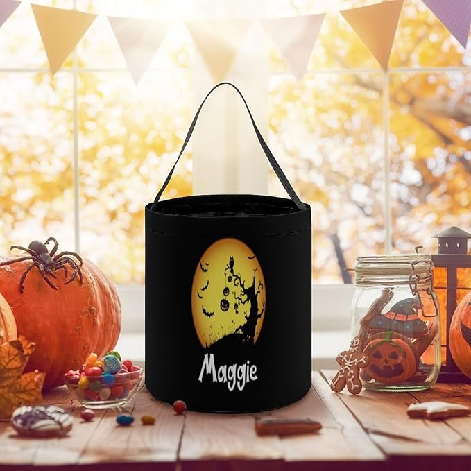 Personalized Halloween Trick or Treat Candy Bag with Name Custom Text Party Tote Bucket Halloween Candy Basket Gift (Bag-9)