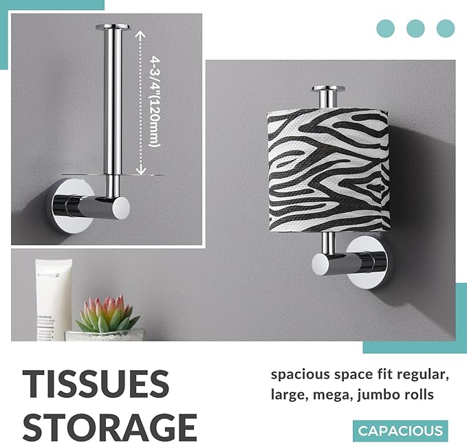 Vertical Toilet Paper Holder, Aomasi Stainless Steel Modern Bathroom Chrome Tissue Hanger with Round Plate, Standing Style TP Roll Storage, Wall Mounted