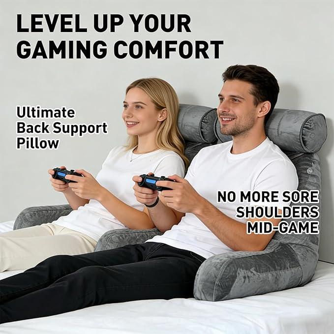 Reading Pillow for Sitting in Bed with Detachable Neck Roll & Big Bed Backrest Pillow Back Support Pillow Chair Pillow with Washable Cover for Adult with Arms and Side Pocket Shredded Foam