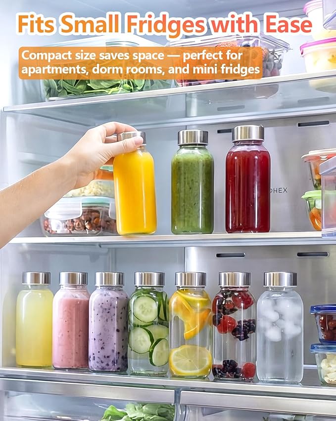 Zukro 8 oz Glass Water Bottles with Lids, Reusable Clear Juice Bottles With Stainless Steel Airtight Cap for Juicing, Ginger Shot, Milk, 250ml Leak Proof Small Smoothie Container, BPA Free, Set of 8