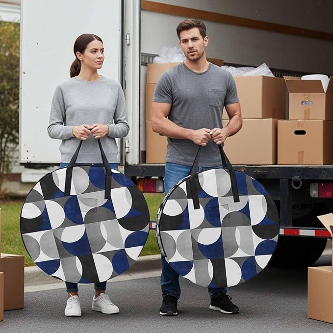 Storage Bag Modern Blue Gray Geometric Round Storage Totes Bins Closet Organizers with Zippers & Handle Abstract Mid Century Clothes Storage Container for Bedroom Dorm Space Saving Packing Supplies