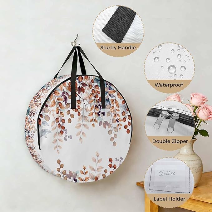 Storage Bag Autumn Eucalyptus Leaves Round Storage Totes Bins Closet Organizers with Zippers & Handle Teal Orange Leaf Berry Branch Clothes Storage Container for Bedroom Space Saving Packing Supplies